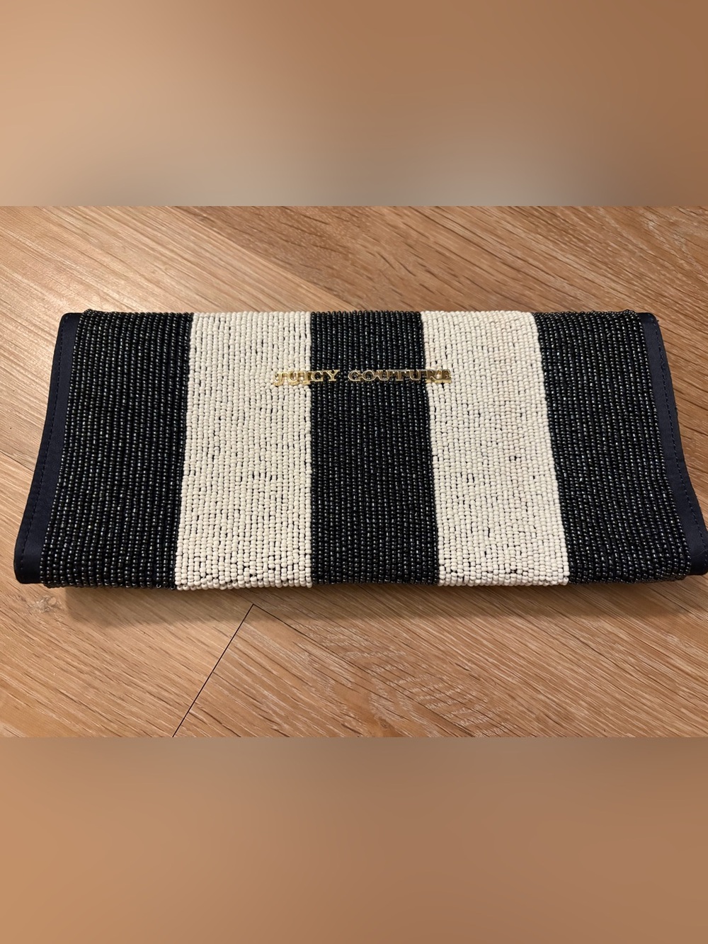 Juicy Couture Black & White Striped Beaded Clutch with Gold Logo